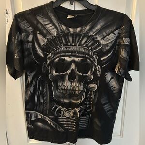 Vtg Liquid Blue TShirt Mens Native American Skeleton All Over Print Size Medium